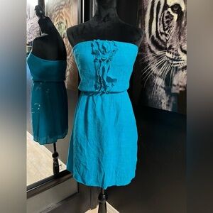 🔥3 for $25🔥 CUTE TEAL STRAPLESS DRESS WITH FRONT RUFFLES SZ L